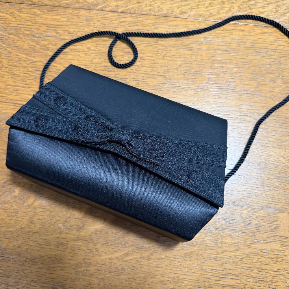 Purse-Liz Claiborne Small Dressy Black Satin Clutch with Decorative Front Bow